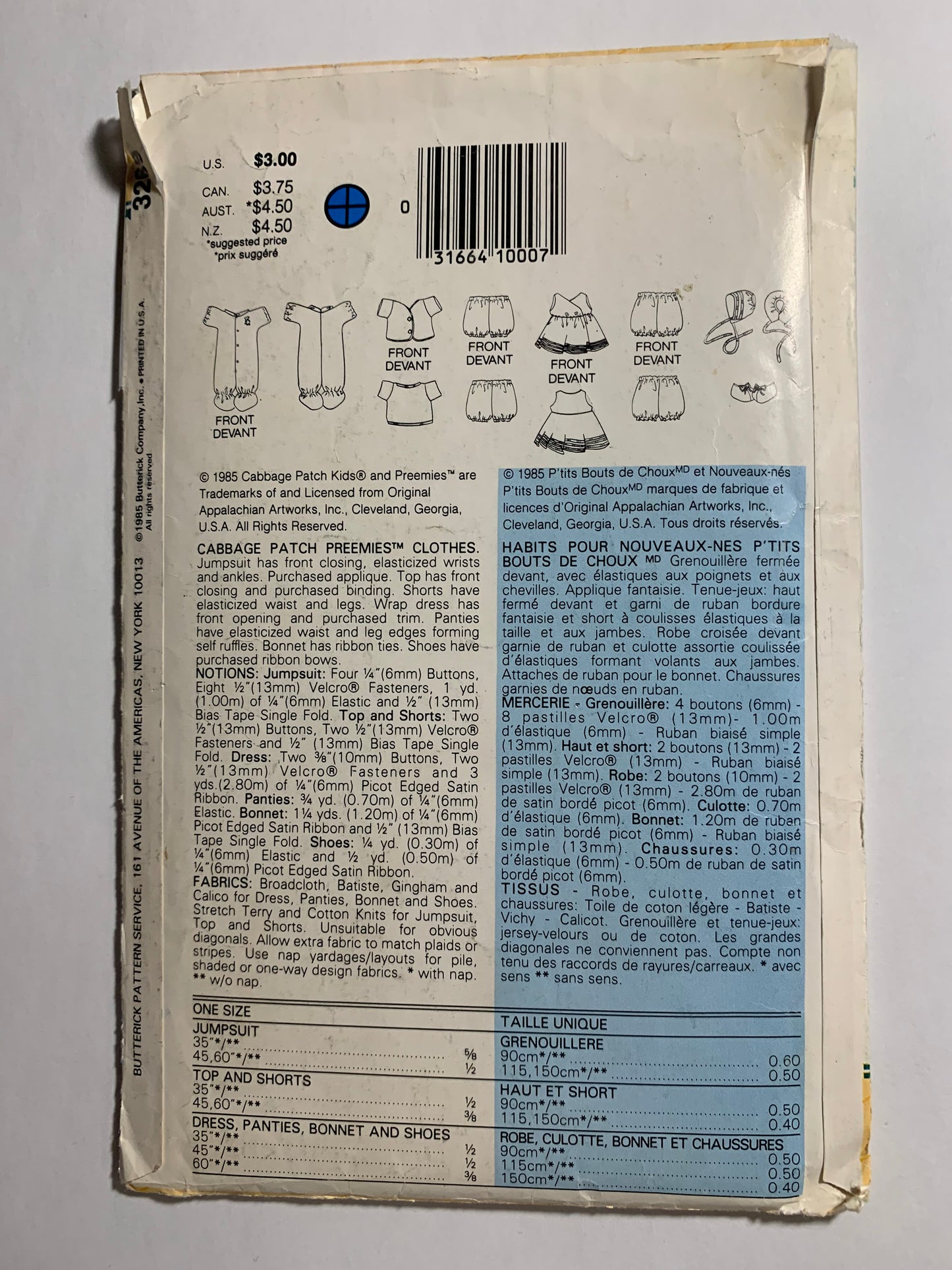 Butterick Sewing Pattern 3269 Cabbage Patch Preemie Doll Clothes, Jumpsuit, Front Closing, Panties, Bonnet,16" Doll, Uncut, Vintage 1986