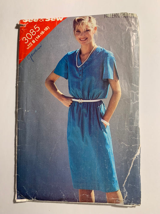 Butterick Sewing Pattern See & Sew 3085 Misses' Dress, Loose-Fitting, Mid-Knee, Pullover, Elastic Waist, Short Sleeves, Size 14-18, Uncut, Vintage 1996
