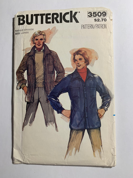 Butterick Sewing Pattern 3509 Men's Jacket, Loose-Fitting, Collar, Button Front, Pockets, Long Raglan Sleeves, Size 38-40, Uncut, Vintage 1994