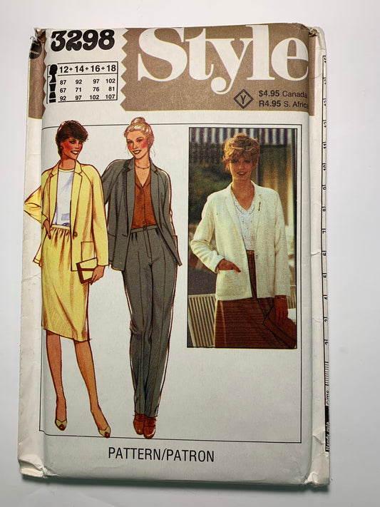Style 3298 Misses' Unlined Blazer Jacket, Skirt, Trousers, Size 12-18, Uncut, Vintage 1981