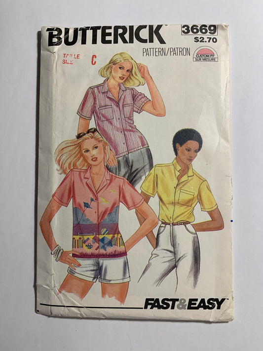 Butterick Sewing Pattern 3669 Misses' Shirt, Blouse, Loose-Fitting, Short Sleeves, Collar, Button Front, Pockets, 3 Variations, Size 16-20, Uncut, Vintage 1980
