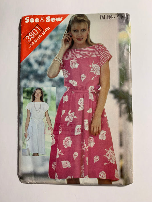 Butterick Sewing Pattern See & Sew 3801 Misses' Dress, Loose-Fitting, Below Mid-Knee, Pullover, Elastic Waist, Tie Belt, Short Sleeves, Size 14-18, Uncut, Vintage 1996