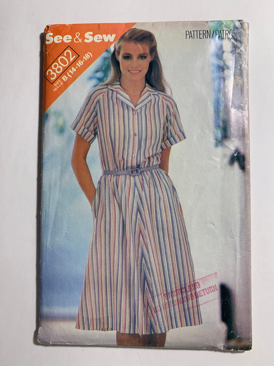Butterick Sewing Pattern See & Sew 3802 Misses' Dress, Loose-Fitting, Below Mid-Knee, Pullover, Elastic Waist, Button Front, Short Raglan Sleeves, Size 14-18, Uncut, Vintage 1996