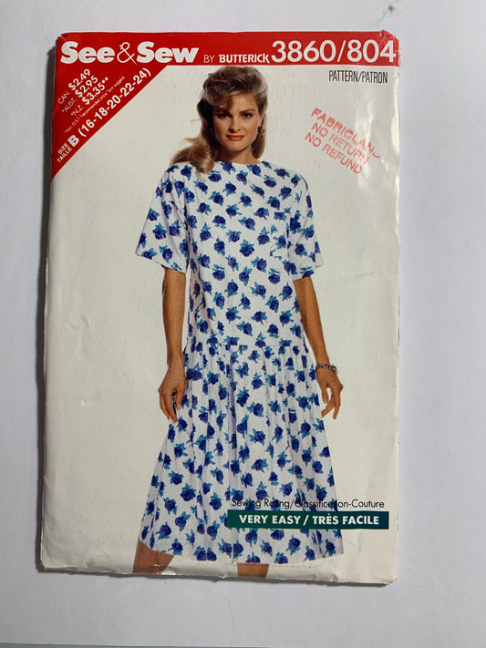 Butterick Sewing Pattern 3860 Misses'/Misses' Petite Dress, Dropped Waist, Flared Skirt, Shoulder Pads, Elbow Sleeves, Pocket, Size 16-24, Uncut, Vintage 1989
