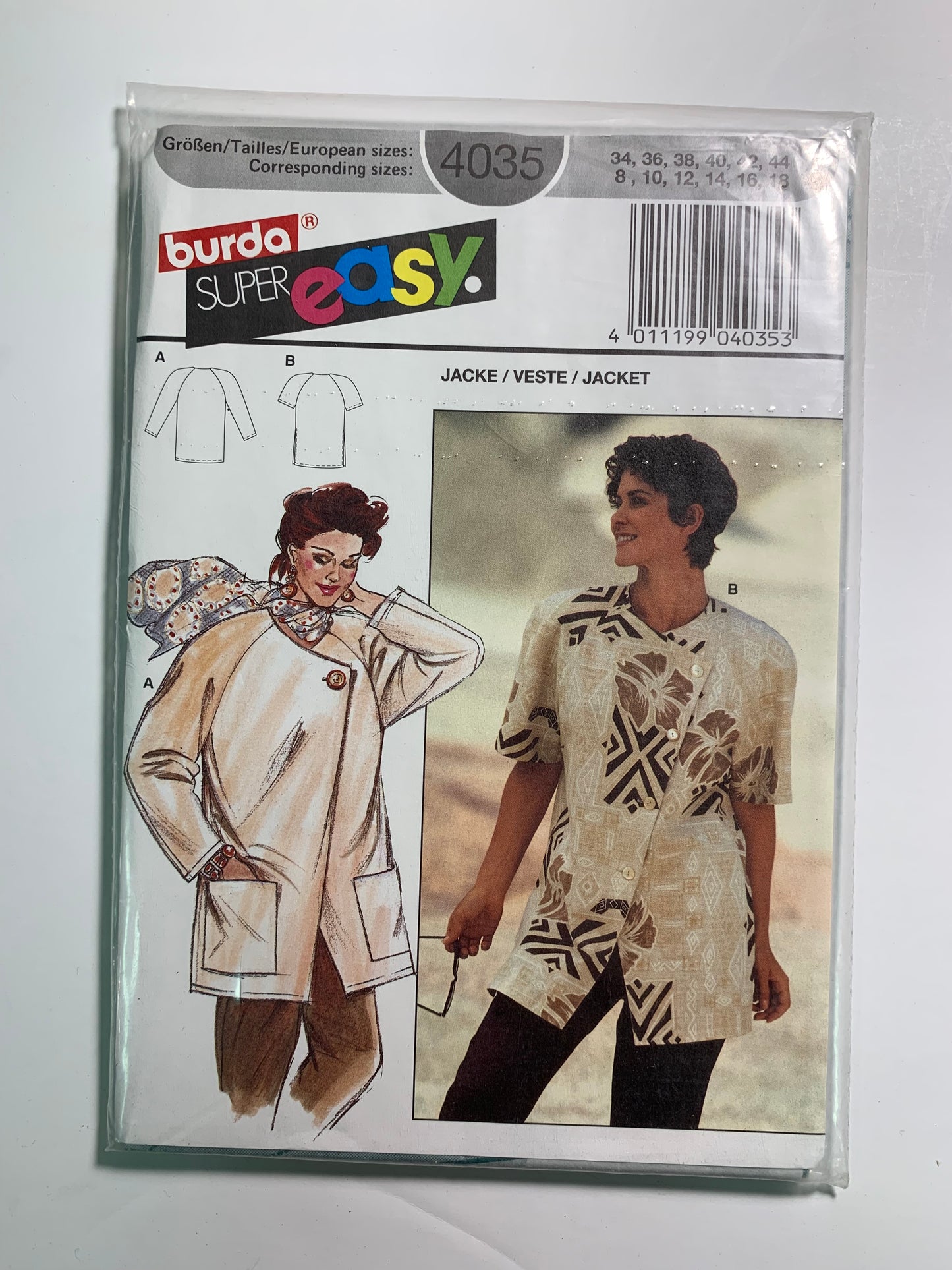 Burda Sewing Pattern 4035 Misses' Jacket, Raglan Long/Short Sleeves, Shoulder Pads, Button Front Pockets, Loose-Fitting, Size 8-18, Uncut