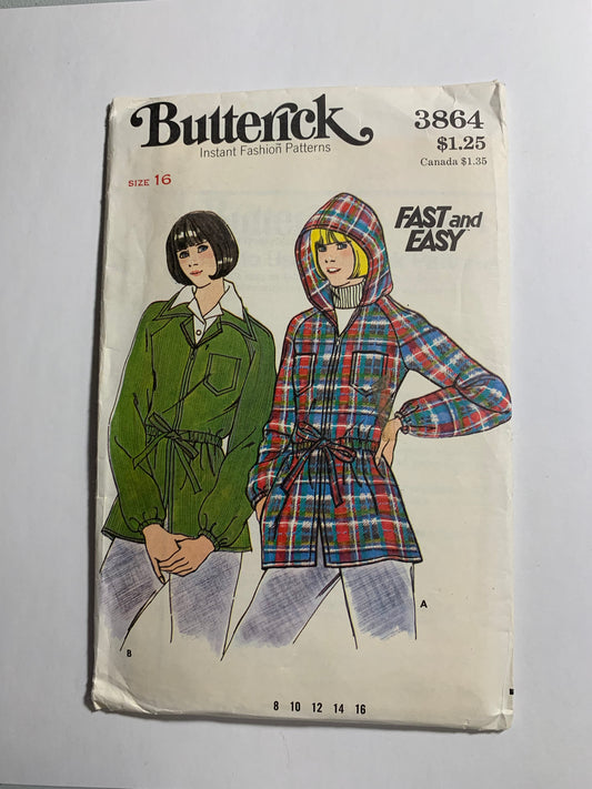 Butterick Sewing Pattern 3864 Misses' Hooded Jacket, Semi-Fitted, Unlined, Long Raglan Sleeves, Pockets, Collar, Size 16, Uncut, Vintage 1997