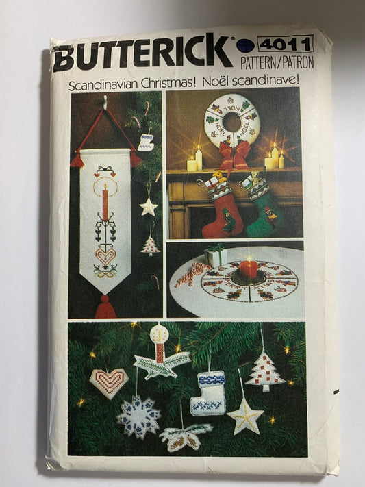 Butterick Sewing Pattern 4011 Craft Scandinavian Christmas Ornaments, Transfers, Stockings, Wall Hanging, Wreath, Centerpiece, Heart, Snowflakes, Star, Candle, Uncut, Vintage 1993