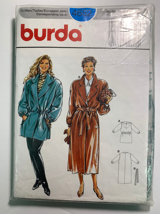 Burda Sewing Pattern 4652 Misses' Coat, Jacket, Elastic Waist, Tie Belt, Collar, Pockets, Size 36-46, Cut, Vintage 1989