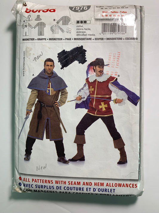 Burda Sewing Pattern 7976 Men's Costume Musketeer. Pants, Cape, Loose-Fitting, Hood, Size 38-60, Cut, 2000