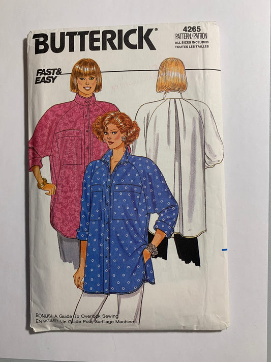 Butterick Sewing Pattern 4265 Misses' Shirt, Loose-Fitting, Pockets, Collar, Shoulder Pads, Button Front, Pleats, Side Slits, Size 6-18, Uncut, Vintage 1986