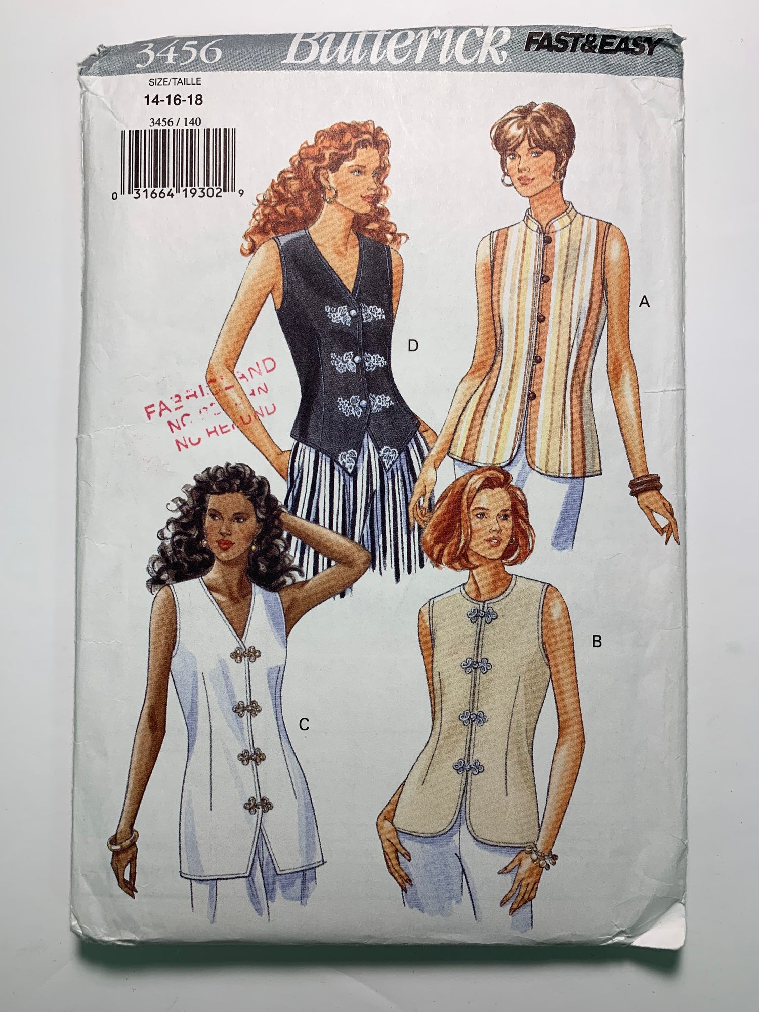 Butterick Sewing Pattern 3456 Misses' Tops, Loose-Fitting, Collar, Frog Closure, Lined, 4 Variations, Size 6-12, Uncut, Vintage 1994