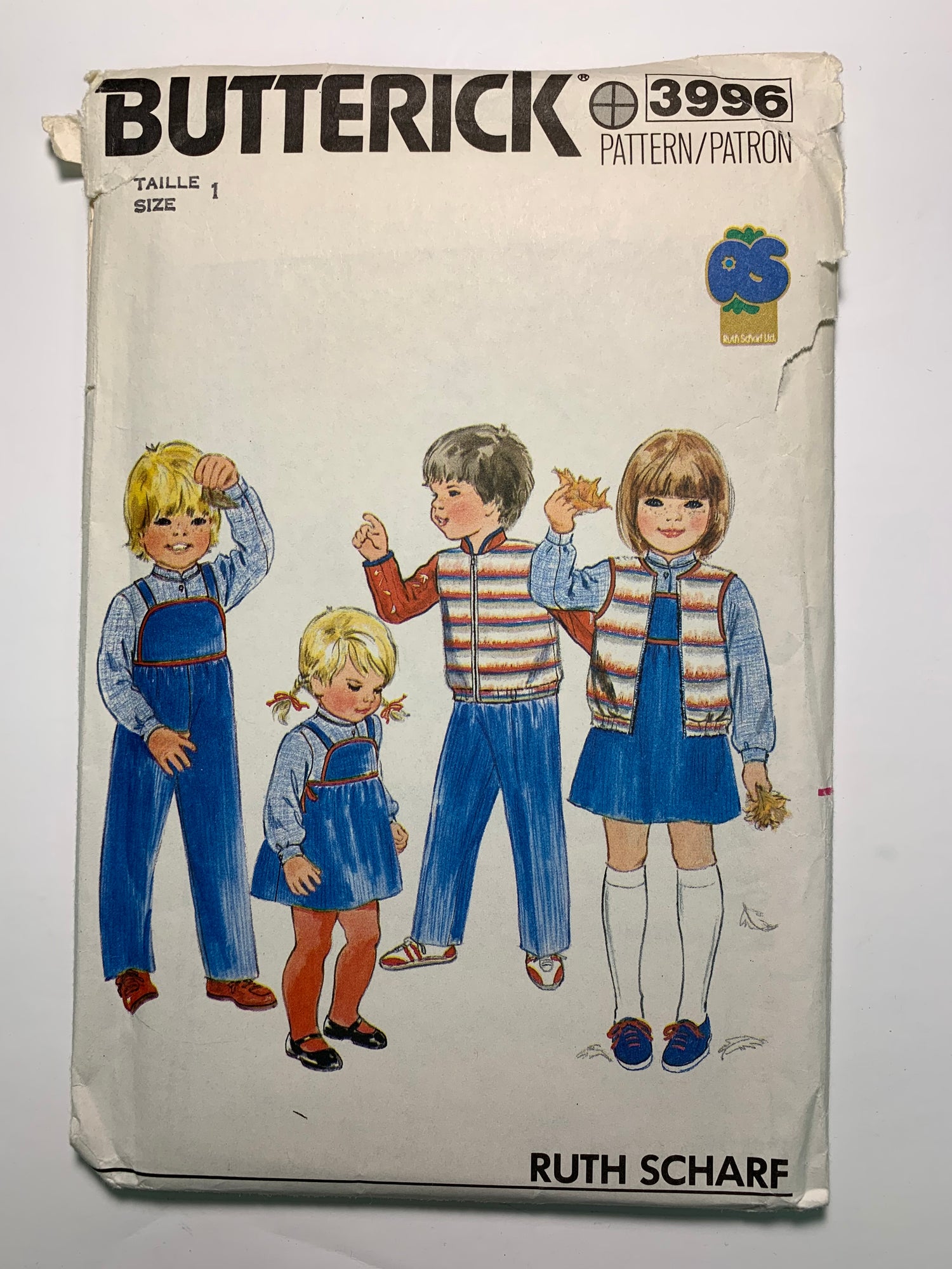 Butterick Sewing Pattern 3996 Toddlers' Jacket, Vest, Shirt, Overalls, Jumper, Loose-Fitting, Tie Ends, Long Sleeves, Size 1, Uncut, Vintage 1980