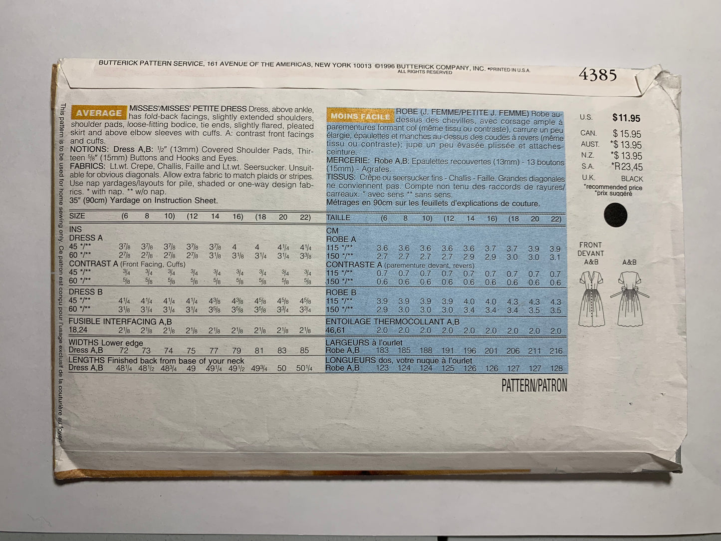 Butterick Jessica Howard Sewing Pattern 4385 Misses'/Misses' Petite Dress, Above Ankle, Front Button, Shoulder Pads, Loose-Fitting, Size 12-16, Uncut, Vintage 1996