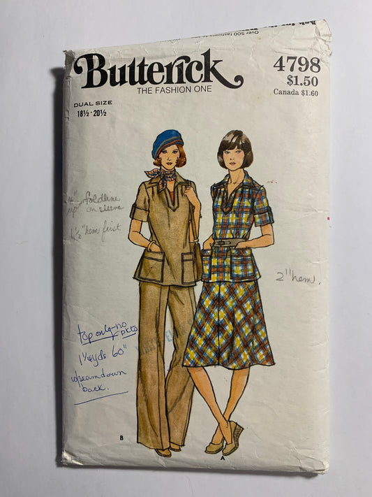 Butterick Sewing Pattern 4798 Misses' Skirt, Pants, Top, Half Size, Semi-Fitted, Pleats, Pockets, Size 18 1/2 - 20 1/2, Uncut, Vintage 1970
