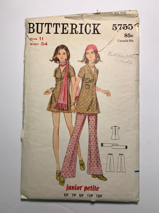 Butterick 5755 Junior Petite One-Piece Dress, Pants, Scarf, Size 11, Cut, Vintage 1969