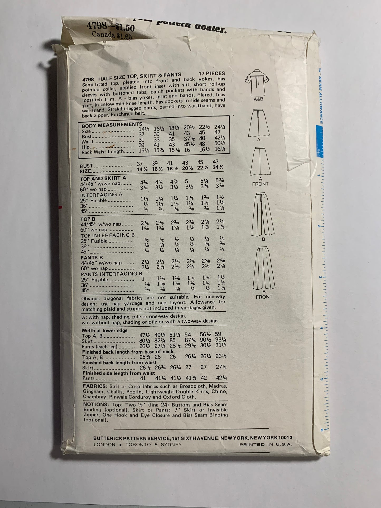 Butterick Sewing Pattern 4798 Misses' Skirt, Pants, Top, Half Size, Semi-Fitted, Pleats, Pockets, Size 18 1/2 - 20 1/2, Uncut, Vintage 1970