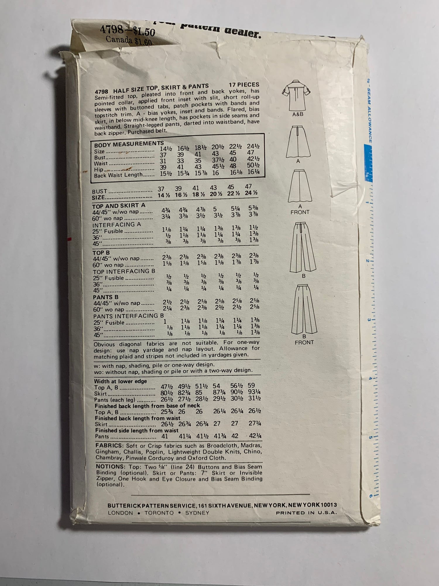 Butterick Sewing Pattern 4798 Misses' Skirt, Pants, Top, Half Size, Semi-Fitted, Pleats, Pockets, Size 18 1/2 - 20 1/2, Uncut, Vintage 1970