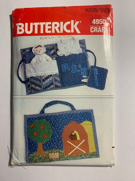 Butterick Sewing Pattern 4950 Crafts, Travel Bag, Pockets, Quilted, Finger Puppets, Lined, Uncut, Vintage 1990