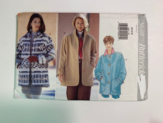 Butterick 3640 Butterick Sewing Pattern 3640 Misses' Jacket, Coats, Loose-Fitting, Collar, Pockets, Long Sleeves, Size 6-14 Uncut, Vintage 1994