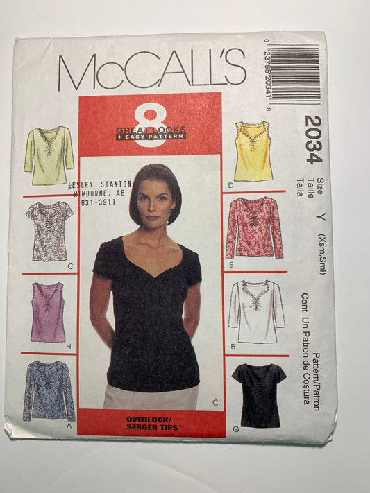 McCall's 2034 Misses' Tops, Size 4-10, Uncut, Vintage 1999
