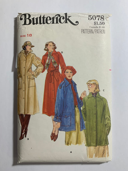 Butterick Sewing Pattern 5078 Misses' Jacket, Coat, Belt, Loose-Fitting, Collar, Long Raglan Sleeves, Two Lengths, Size 18, Uncut, Vintage 1990