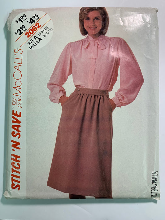 McCall's 2062 Stitch 'N Save Blouse, Skirt, Size 8-12, Cut, Vintage 1985