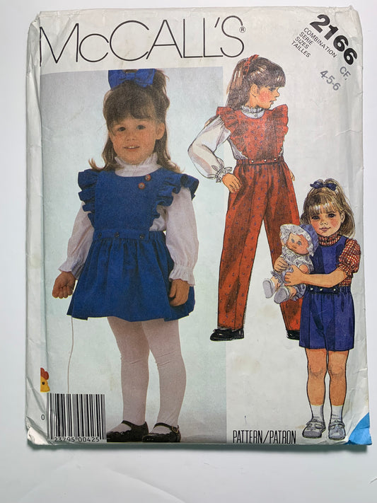 McCall's 2166 Toddlers' Girls' Jumpsuit, Jumper, Blouse, Size 4-6, Cut, Vintage 1985