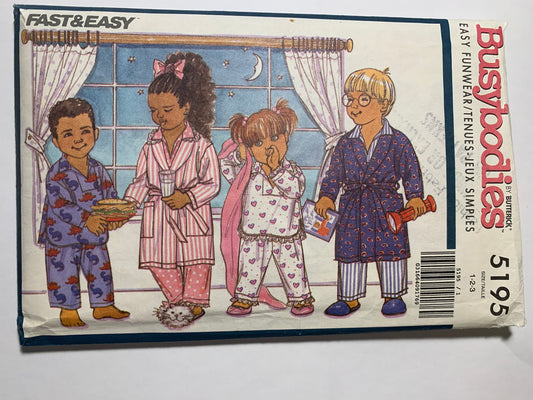 Butterick Busybodies 5195 Toddlers'/Children's Top, Shirt, Robe, Pockets, Elastic Waist, Shawl Collar, Long Sleeves, Size 1-3, Uncut, Vintage 1990