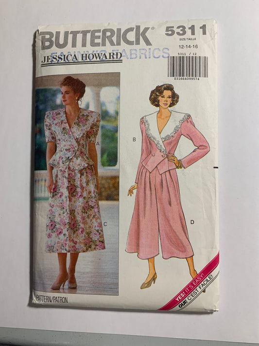 Butterick Jessica Howard Sewing Pattern 5311 Misses' Top, Skirt, Split Skirt, Shoulder pads, Princess seams, Flared,Size 6-14, Uncut, Vintage 1992