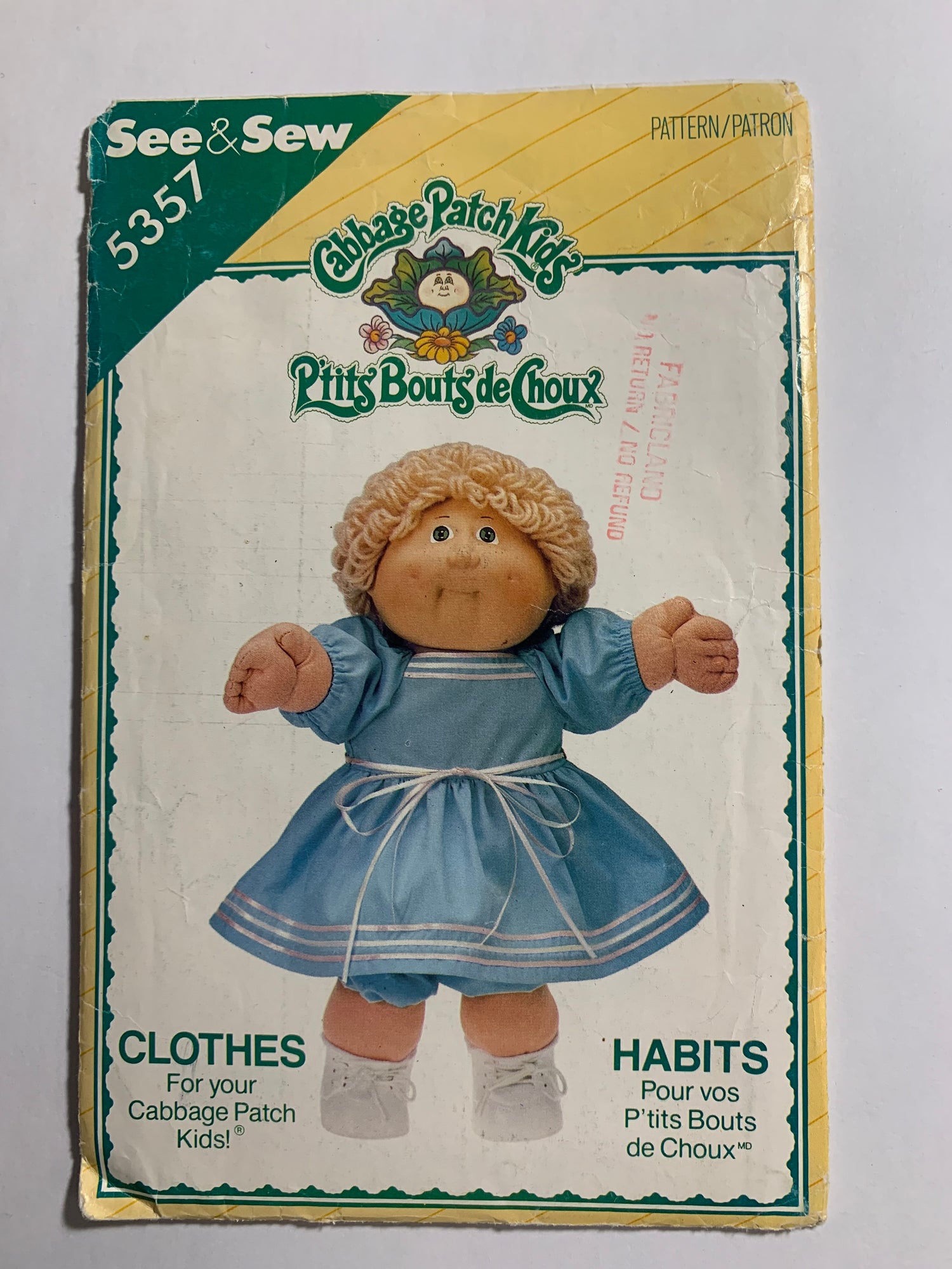 Butterick Sewing Pattern 5357 Cabbage Patch Doll Clothes, Dress, Panties, Short Sleeves, Flared Skirt, Button Back ,16" Doll, Uncut, Vintage 1985