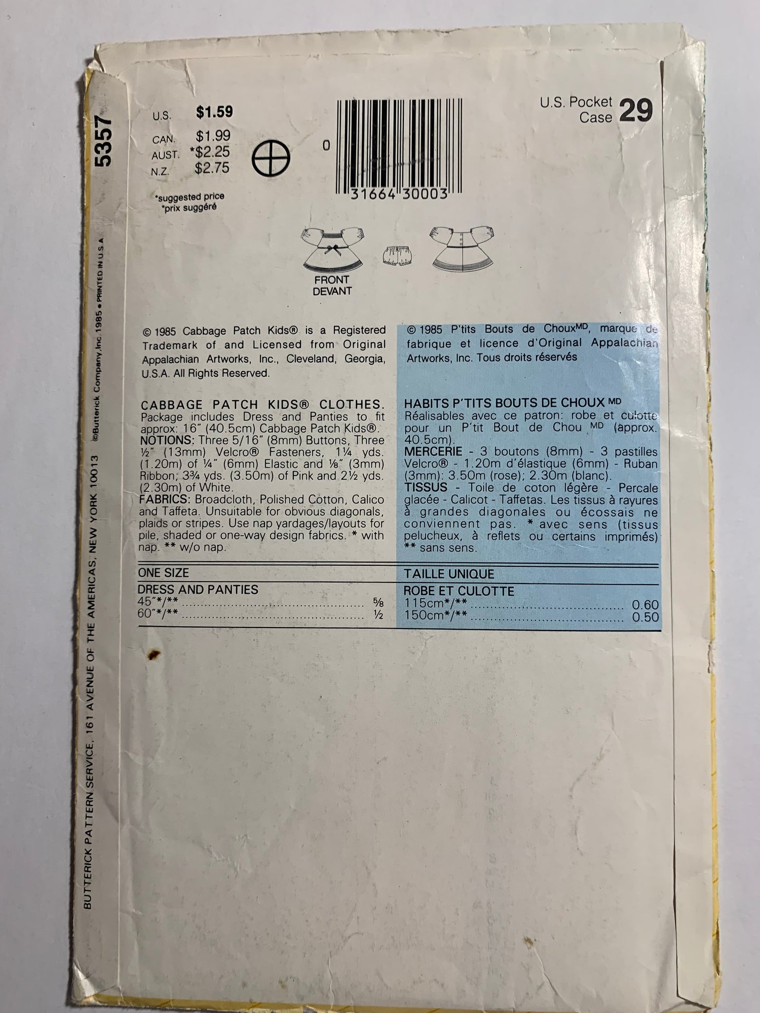Butterick Sewing Pattern 5357 Cabbage Patch Doll Clothes, Dress, Panties, Short Sleeves, Flared Skirt, Button Back ,16" Doll, Uncut, Vintage 1985