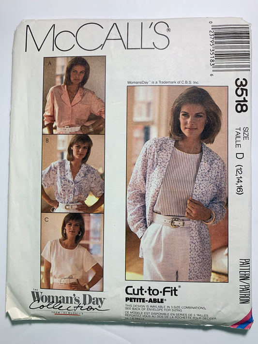 McCall's 3518 Misses' Blouse, Size 12-16, Uncut, Vintage 1988