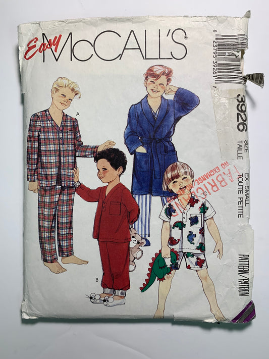 McCall's 3926 Boys' Pajamas, Robe, Tie Belt, Size 4-6, Cut, Vintage 1988