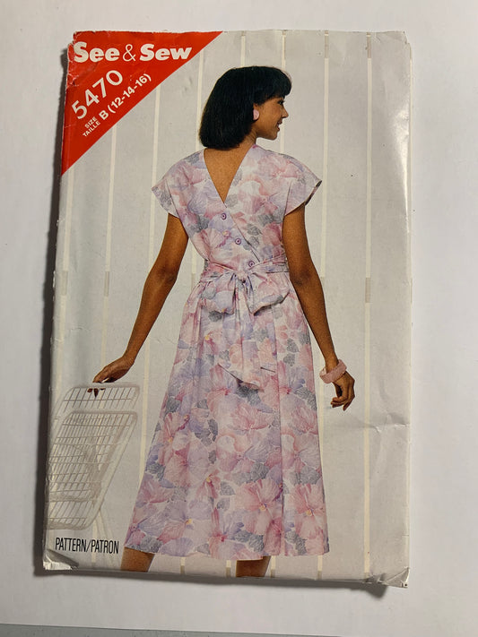 Butterick See & Sew Sewing Pattern 5470, Misses' Dress, Short Sleeves, Button Back, Back Wrap, Size 12-16, Uncut, Vintage 1986