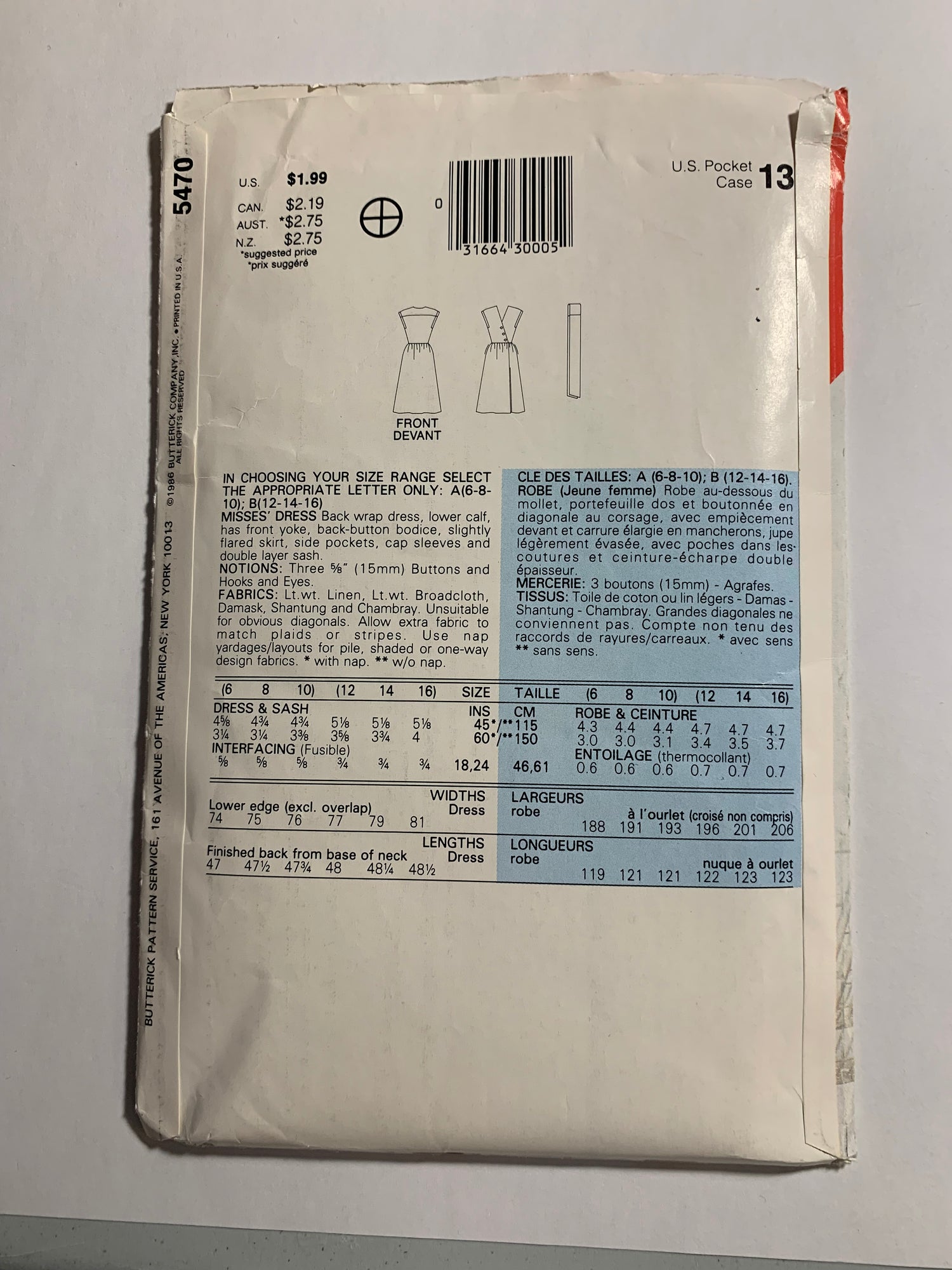 Butterick See & Sew Sewing Pattern 5470, Misses' Dress, Short Sleeves, Button Back, Back Wrap, Size 12-16, Uncut, Vintage 1986