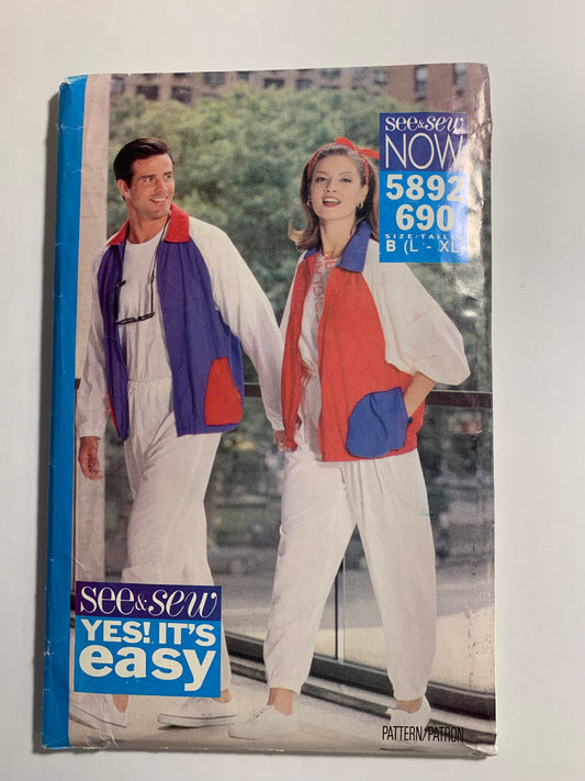 Butterick Sewing Pattern 5892 Misses'/Men's Unisex Jacket & Pants, Long Sleeves, Loose-Fitting, Unlined, Pockets, Size 16-22, Uncut, Vintage 1991