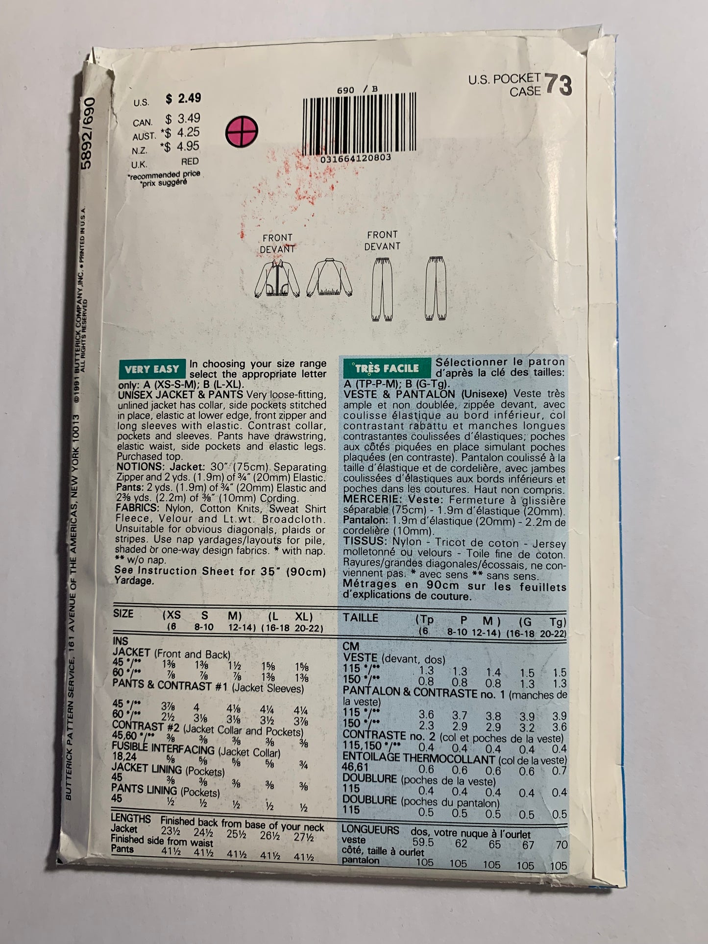 Butterick Sewing Pattern 5892 Misses'/Men's Unisex Jacket & Pants, Long Sleeves, Loose-Fitting, Unlined, Pockets, Size 16-22, Uncut, Vintage 1991