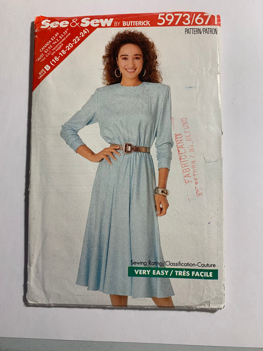 Butterick See & Sew Sewing Pattern 5973, Misses' Dress, Long Sleeves, Zipper Back, Flared Skirt, Loose-Fitting, Size 12-16, Uncut, Vintage 1986
