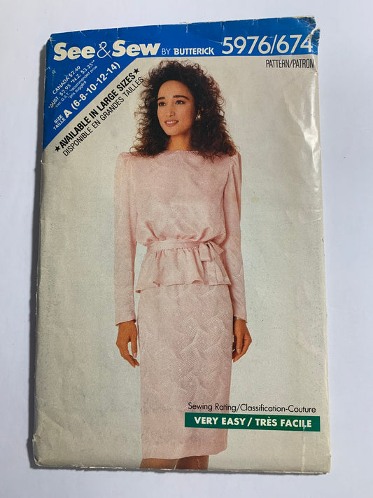 Butterick See & Sew Sewing Pattern 5976 Misses' Top, Skirt, Loose-Fitting, Long Sleeves, Zipper Back, Pullover, Shoulder Pads, Size 6-14, Uncut, Vintage 1987