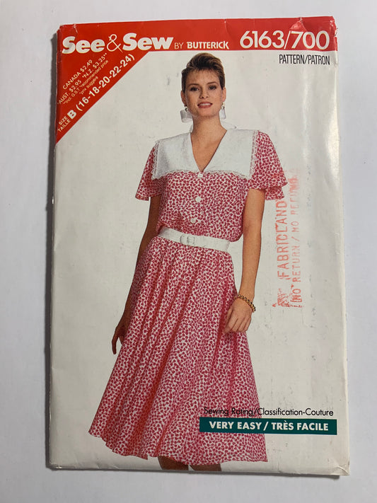 Butterick See & Sew Sewing Pattern 6163, Misses' Dress, Short Sleeves, Button Front, Flared Skirt, Shoulder Pads, Size 16-24, Uncut, Vintage 1988