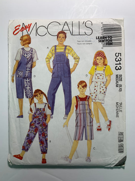 McCall's 5313 Boys', Girls' Overalls, Size 8-10, Cut, Vintage 1991