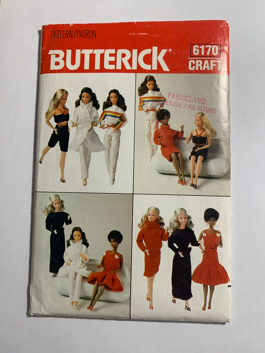 Butterick Sewing Pattern 6170 Crafts, 11 1/2" Doll Clothes, Dress, Belt, Jumpsuit, Skirt, Pants, Tunic, Gown, Culottes, Uncut, Vintage 1992