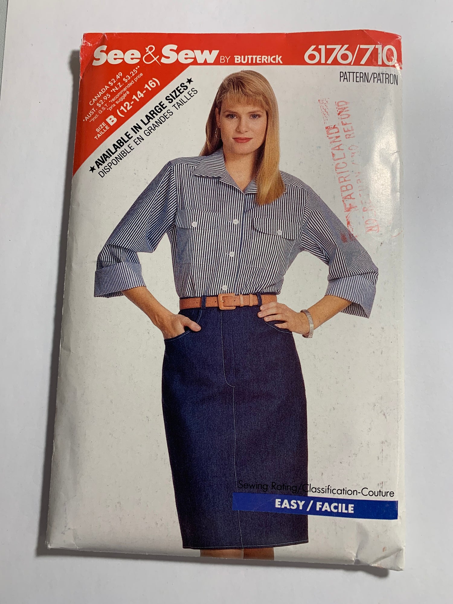 Butterick See & Sew Sewing Pattern 6176 Misses' Top, Skirt, Loose-Fitting, Long Sleeves, Zipper Back, Button Front, Pleats, Pockets, Size 12-16, Uncut, Vintage 1988