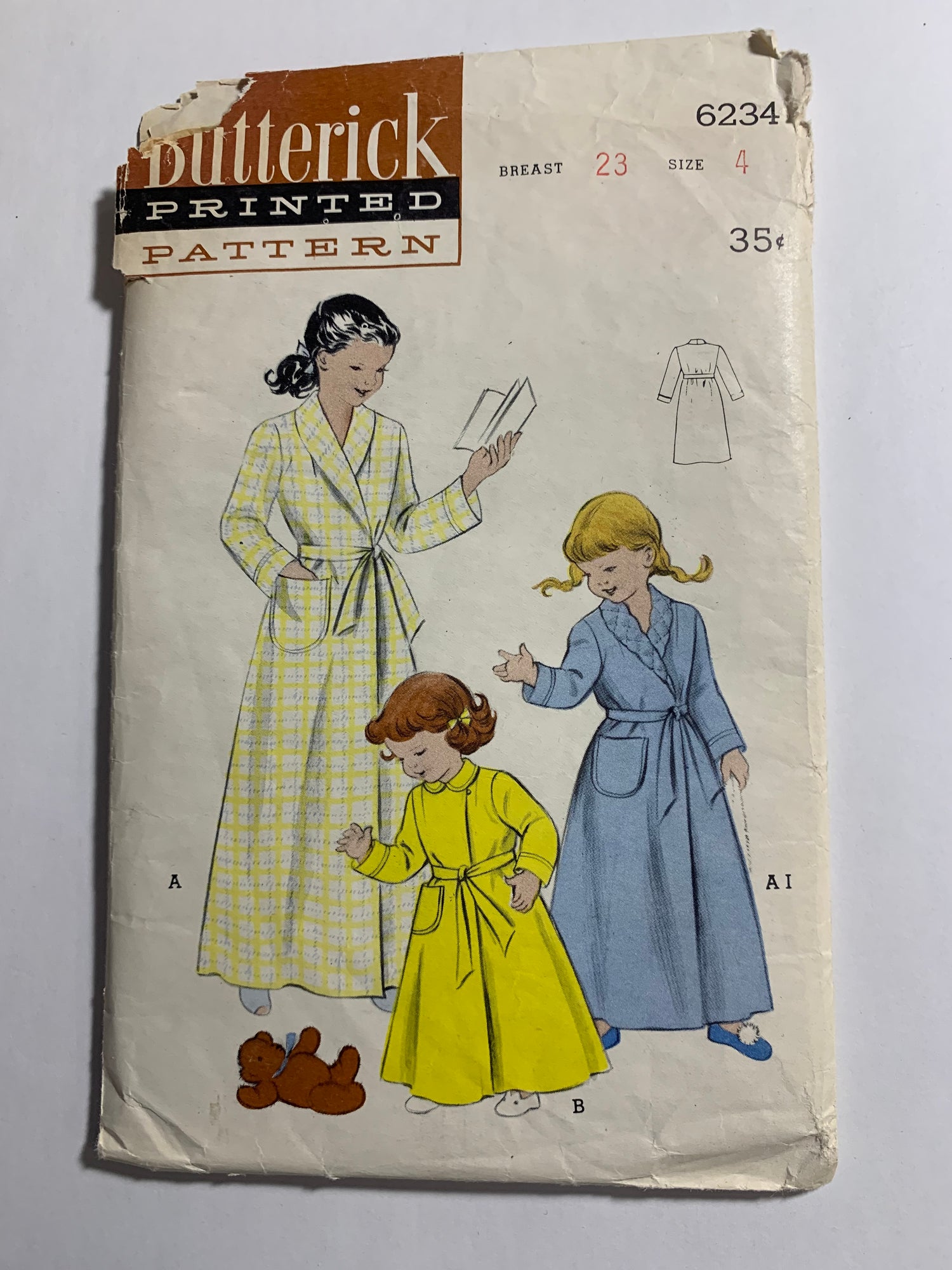 Butterick Sewing Pattern 6234 Girls' Robe, Pockets, Long Sleeves, Tie Belt, Wrap Around, Peter Pan Collar, Housecoat, Size 4, Uncut, Vintage 1950