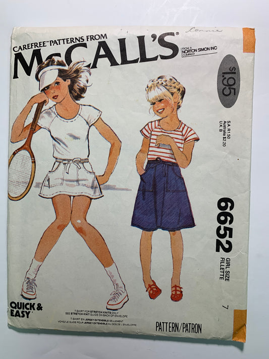McCall's 6652 Girls' T Shirt, Wrap Skirt, Size 7, Cut, Vintage 1979
