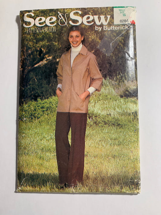 Butterick Sewing Pattern See & Sew 6284 Misses' Jacket, Pants, Loose-Fitting, Button Front, Long Raglan Sleeves, Pockets, Size 16, Uncut, Vintage 1995