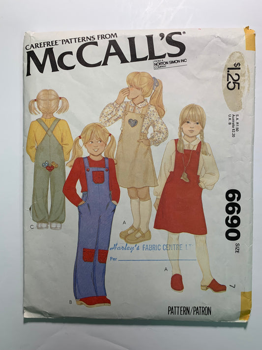 McCall's 6690 Girls' Jumper, Overalls, Size 7, Cut, Vintage 1979