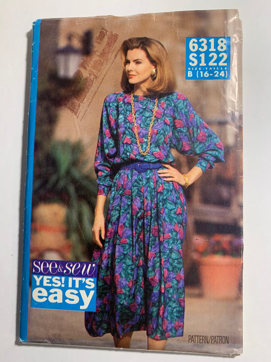 Butterick See & Sew Sewing Pattern 6318 Misses' Dress, Long Sleeves, Zipper Back, Flared Skirt, Loose-Fitting, Size 16-24, Uncut, Vintage 1992