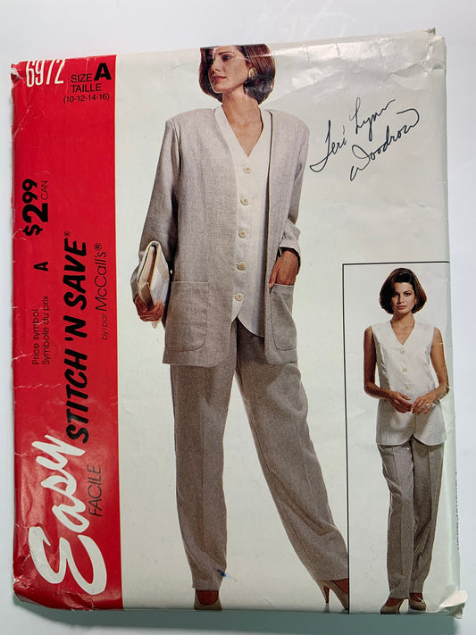 McCall's Stitch 'N Sew 6972 Misses' Unlined Jacket, Vest, Pants, Size 10-16, Cut, Vintage 1994