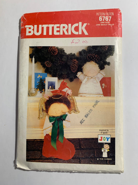 Butterick Sewing Pattern 6767 Craft Christmas Ornaments, Angel Stocking, Tree Top Angel, Various Ornaments, Uncut, Vintage 1988